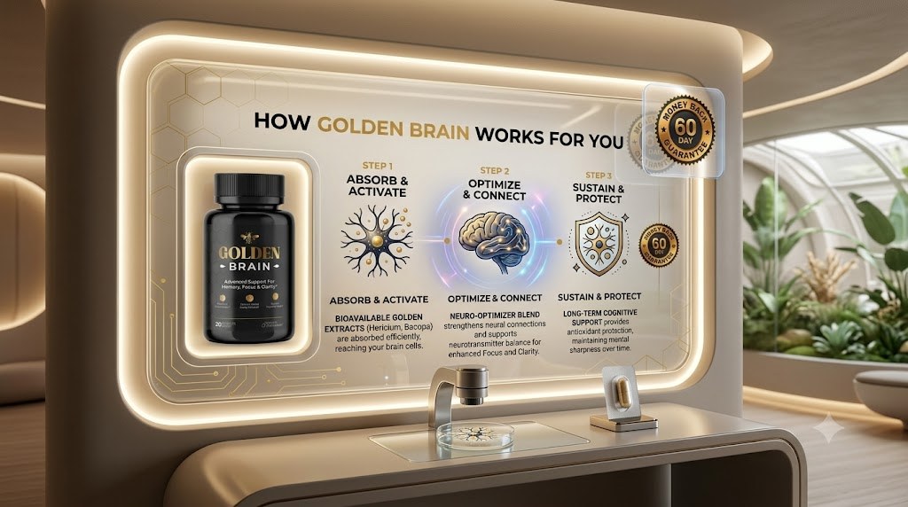 Golden Brain three-step how it works: absorb and activate, optimize and connect, sustain and protect